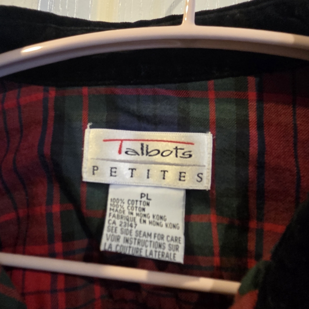 Talbots Top Red Green Tartan Plaid Shirt Velvet Collar Sleeves Petites Large - Picture 5 of 8